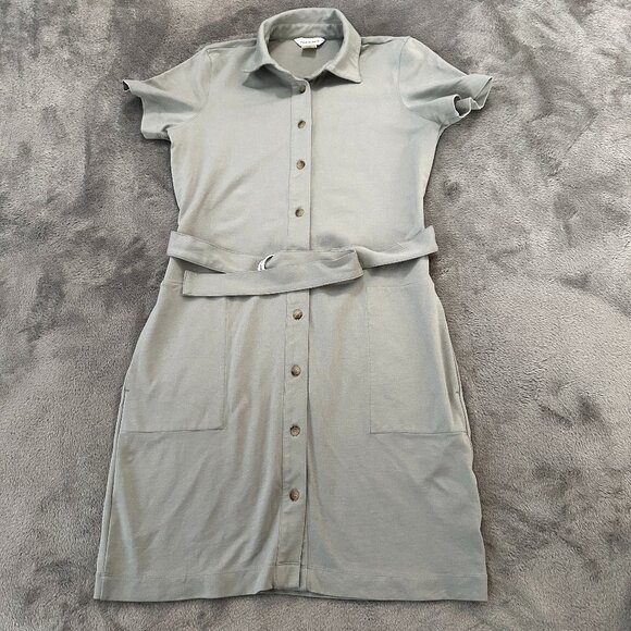 Club Monaco Sage Green Ponte Knit Belted Shirt Dress LARGE Short Sleeve - Picture 1 of 7